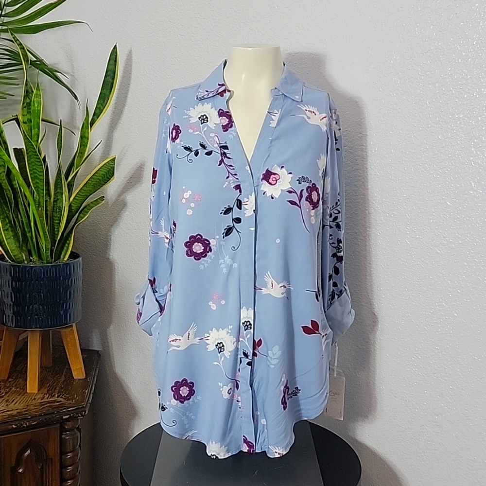 CANDIES Kohl's NWT XS Floral - Longsleeve Tunic Button Up w/ Roll Sleeves